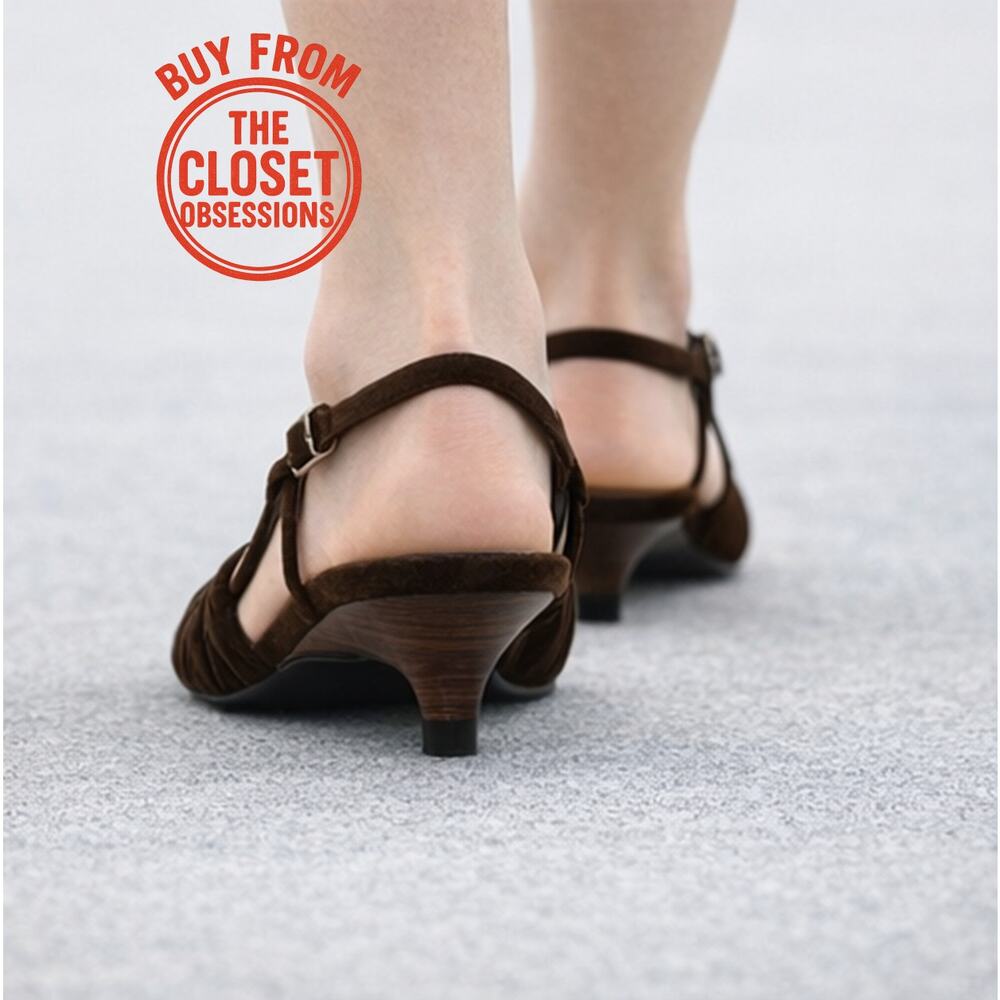 Zara NWT Brown Velvet Ruched Pointed Toe Slingback Kitten Heels 7.5 - Picture 7 of 16